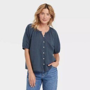 Universal Thread Target Blue Puff Sleeve Button Front Top Blouse Size Me…